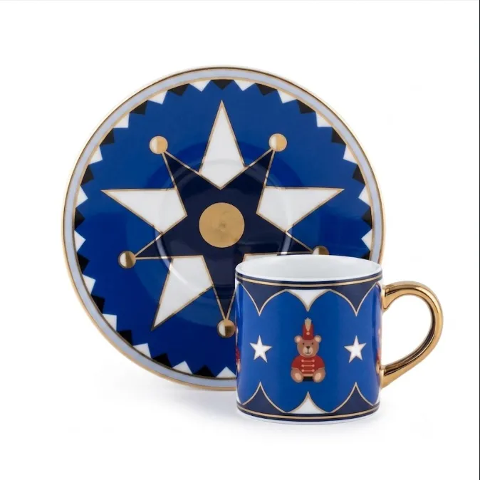 Bialetti Joyful Memories blue espresso cup with gold handle and matching star saucer, 80 ml
