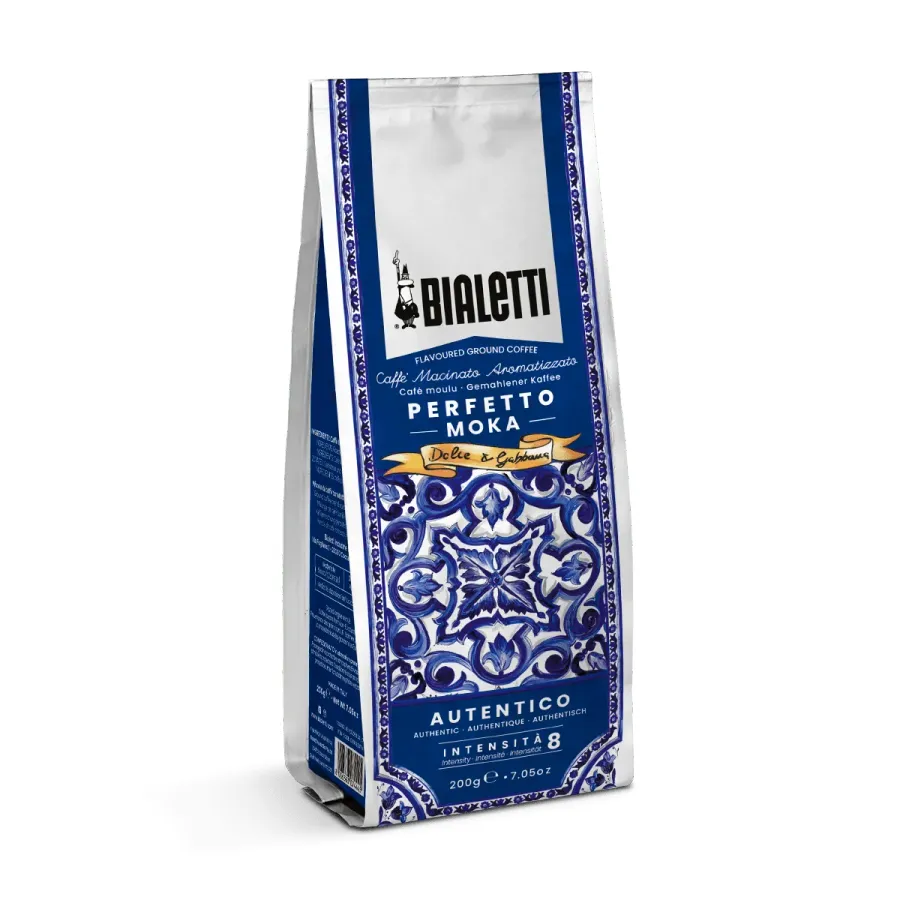 Bialetti x Dolce&Gabbana Perfetto Moka Autentico flavoured ground coffee in the blue Sicilian maiolica pack