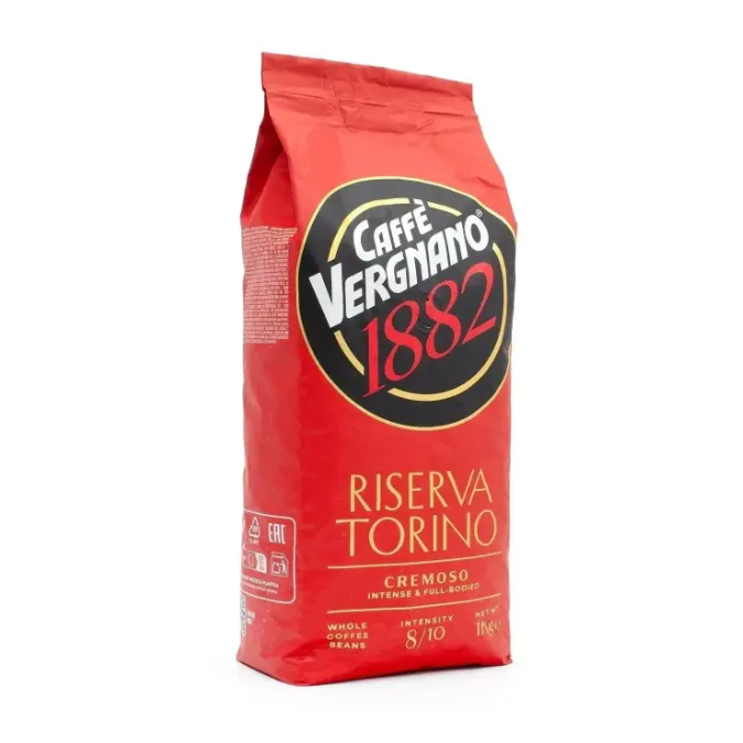 Caffe Vergnano Riserva Torino Cremoso 1kg red whole bean coffee bag, front of pack showing intensity 8/10