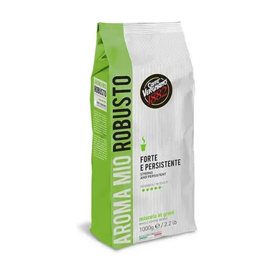 Caffe Vergnano Aroma Mio Robusto 1kg green and silver whole bean coffee bag, front of pack