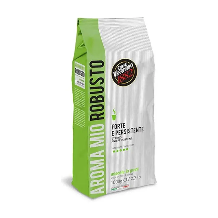 Caffe Vergnano Aroma Mio Robusto 1kg green and silver whole bean coffee bag, front of pack