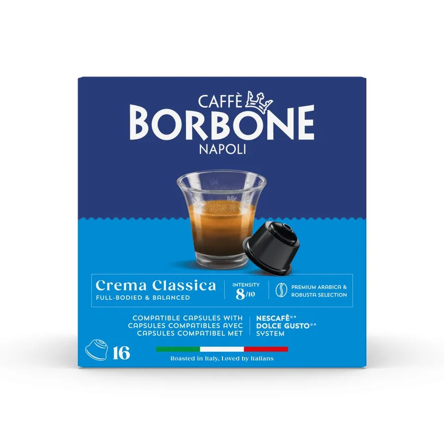 Caffe Borbone Crema Classica Dolce Gusto compatible capsules, 16 capsule box front, intensity 8 out of 10