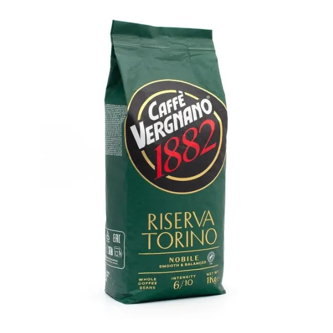 Caffe Vergnano Riserva Torino Nobile 1kg green whole bean coffee bag, front of pack showing intensity 6/10