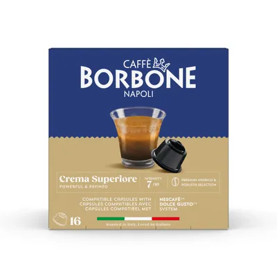 Caffe Borbone Crema Superiore Dolce Gusto compatible capsules, 16 capsule box front, intensity 7 out of 10