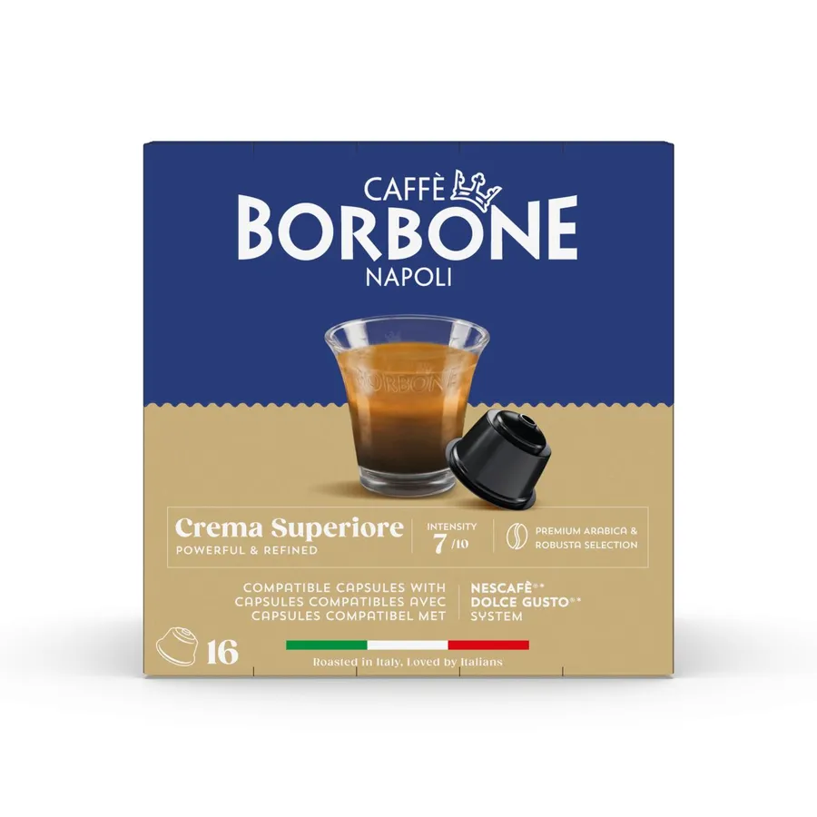 Caffe Borbone Crema Superiore Dolce Gusto compatible capsules, 16 capsule box front, intensity 7 out of 10