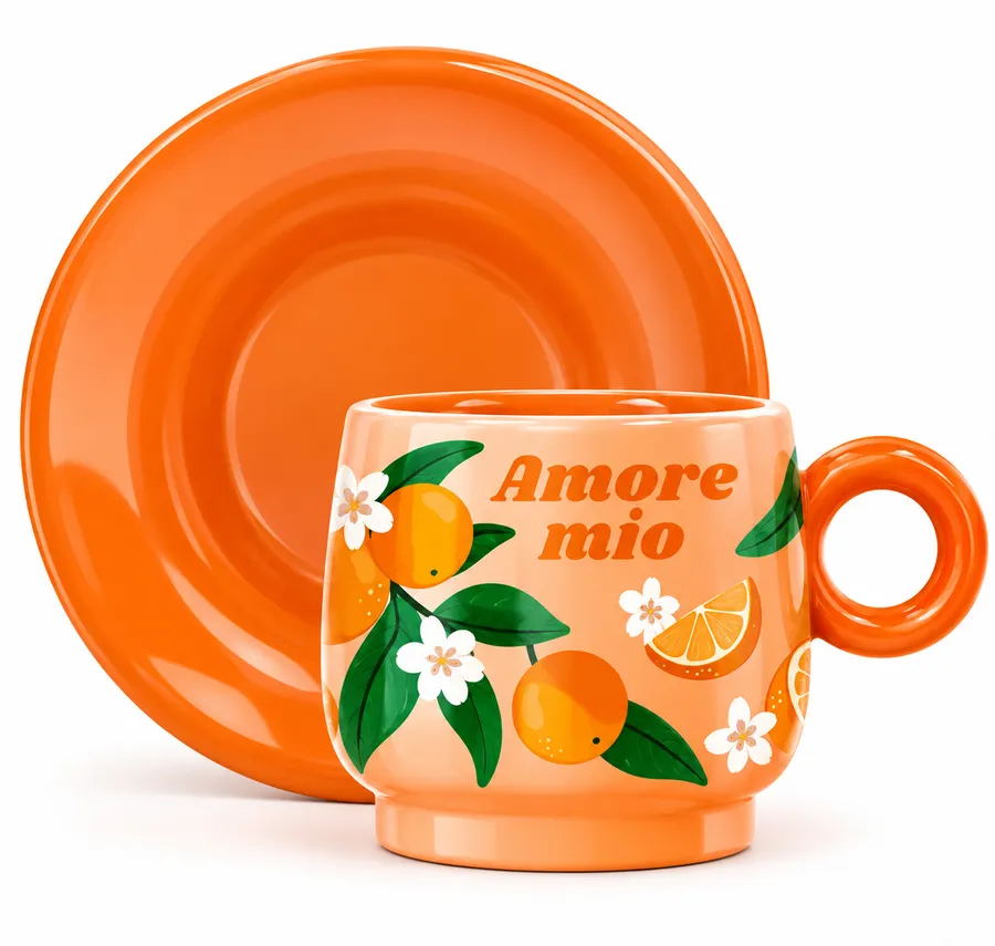 Bialetti Arancia orange espresso cup with saucer – "Amore mio" design, 90 ml