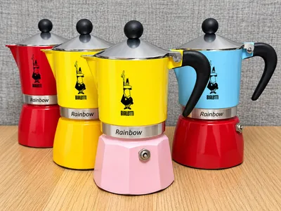 Bialetti Rainbow 3 cup moka pots in mixed colours